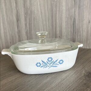 Corningware White Casserole Dish with Blue Cornflower Design and Glass Lid